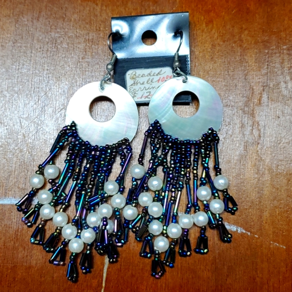 Vintage Earrings Beaded Shell